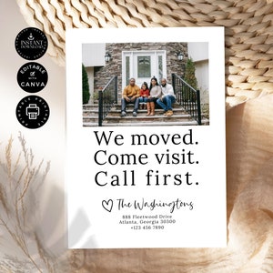 Aankondiging nieuwe woning, adreswijziging, we zijn verhuisd, kom op bezoek, eerst bellen, direct downloaden, afdrukbare sjabloon, bewerkbaar in canva 5 x 7" E35