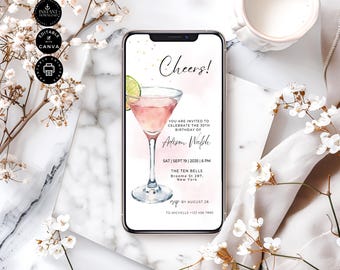 Convite de aniversário moderno e editável para festa de coquetel, cartão para 30 anos, Cosmopolitan Martini rosa blush, download instantâneo, Evite Mobile, 1080x1920 Cosmo