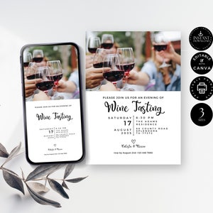 Modern Wine Tasting Invitation Template, Blind Wine Tasting Party Invite, Printable, Digital Phone, Canva 3 sizes, Instant Download, P05b image 2