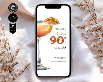 Modern Editable Cocktails Birthday Party Invitation Template, 90th evite, Digital Phone, Email, Text, WA, Edit in Canva 1080x1920px, BD77a