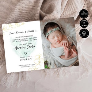 Newborn Thank You Card Template, Photo Welcome Card New Baby Girl, Printable Birth Announcement,  Edit in Canva 7x5", Instant Download, TY05