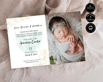May include: A baby announcement card with a photo of a newborn baby girl wrapped in a blanket. The card includes text that reads "Dear Brenda & Matthew" and "Annalise Carter". The card also includes the baby's birth date and weight.