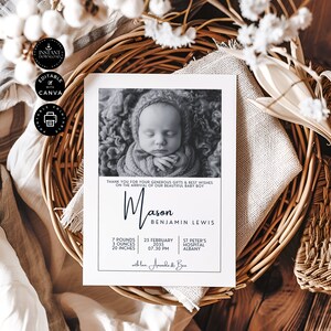 Birth Announcement Template, Newborn Baby Card with Photo, Welcome Card New Baby Boy, Printable,  Edit in Canva 5x7", Instant Download, B05