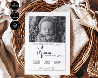 Birth Announcement Template, Newborn Baby Card with Photo, Welcome Card New Baby Boy, Printable,  Edit in Canva 5x7", Instant Download, B05