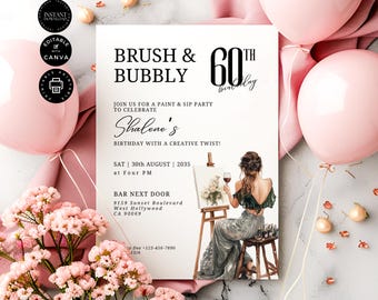 Paint and Sip 60th Birthday Party invitation customizable template, Instant Digital Download, Printable, Card, Editable Canva 5x7 inch, BD85