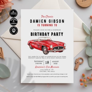 Rode klassieke auto 70e verjaardagsuitnodiging, uitnodiging diner, drankjes en dansfeest, bewerken in canva-sjabloon 5 x 7" afdrukbaar, direct downloaden, BD65