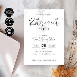 Modèle d'invitation à une fête de retraite, invitation minimale à une célébration de la retraite, modifiable, imprimable moderne, toile 5 x 7", téléchargement immédiat, E11