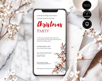 Peut inclure: Une invitation numérique pour une fête de Noël avec un motif de houx rouge et vert. L'invitation comprend la date, l'heure et le lieu de la fête. Elle mentionne également un échange de cadeaux Secret Santa.