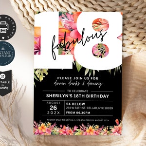 Fleur tropicale 18e anniversaire Invitation, dîner, boissons et invitation à une soirée dansante, modèle de toile modifiable 5 x 7" imprimable, téléchargement immédiat BD15
