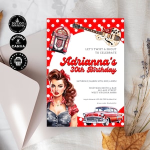 Modelo de convite de festa de aniversário retrô Rockabilly moderno, tema dos anos 1950, convite de 30º cartão, para impressão, download instantâneo, edição no Canva 5x7", BD41