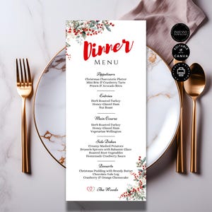 Edytowalne świąteczne menu kolacja impreza, rodzinne wakacje, jedzenie świąteczne, sezon głupoty, impreza świąteczna, do druku, natychmiastowe pobieranie, Canva 4x9", CR15