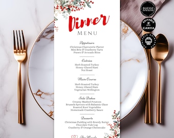 May include: A printable Christmas dinner menu template with a red and green floral design. The menu includes appetizers, entrees, main course, side dishes, and desserts. The text "Dinner Menu" is in red and the rest of the text is in black. The bottom of the menu says "The Woods".