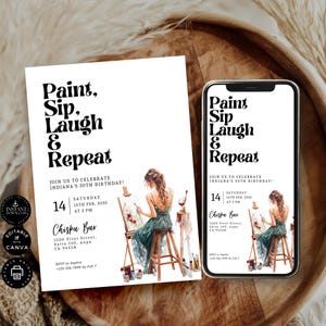 Op de afbeelding: Een printbare uitnodiging voor een schilder- en drinkfeest. De uitnodiging toont een vrouw die op een doek schildert met een glas wijn in haar hand. De tekst op de uitnodiging luidt "Schilderen, Slikken, Lachen & Herhalen" en bevat de datum, tijd en locatie van het feest.