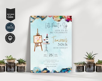 Paint N' Sip 30th Birthday Party invitation customizable template, Instant Digital Download, Printable, Email, Editable Canva 5x7inch | BD02
