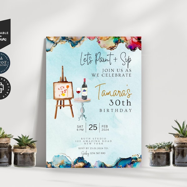 Paint N' Sip 30th Birthday Party invitation customizable template, Instant Digital Download, Printable, Email, Editable Canva 5x7inch | BD02