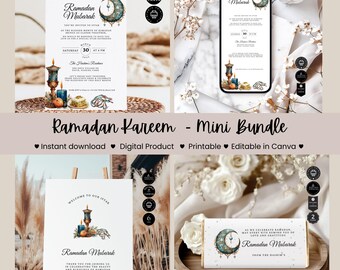 Ramadan Kareem, Iftar, Eid al-Fitr, Mubarak Party Template, Mini Bundle, Invite Evite, Welcome Sign, Chocolate Wrapper, Edit in Canva, RM11e