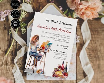 Paint and Sip 40th Birthday Party invitation customizable template, Instant Digital Download, Printable, Email, Editable Canva 5x7inch, BD79