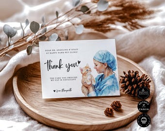 Thank You Card to Veterinarian Template, Cat Kitten, Gratitude, Animal Hospital, Printable, Download, Present Gift For Vet, Canva 7x5", TY49