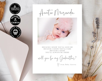 Modèle de carte de proposition classique serez-vous ma marraine, bébé fille, toile modifiable 5 x 7 pouces, fête de mariage, téléchargement immédiat imprimable W02.83.9