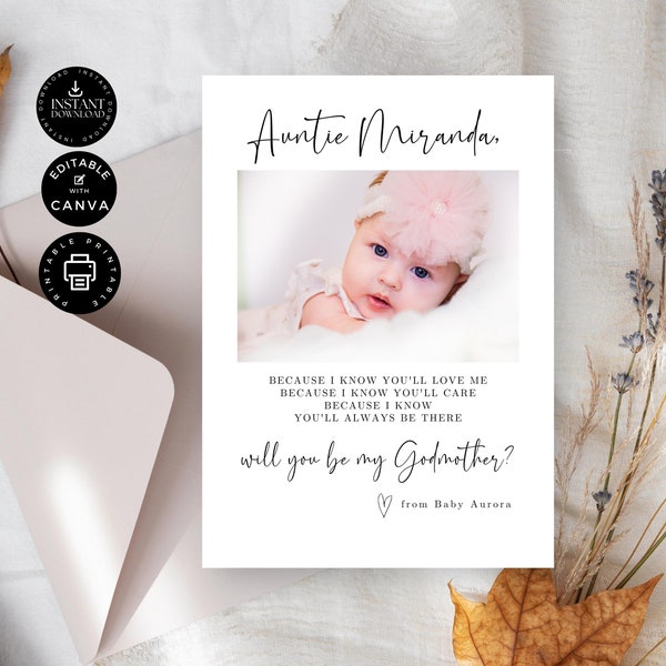 Classic Will You Be My Godmother Proposal Card Template, Baby Girl, Editable Canva 5x7in, Wedding Party, Instant Download Printable W02.83.9