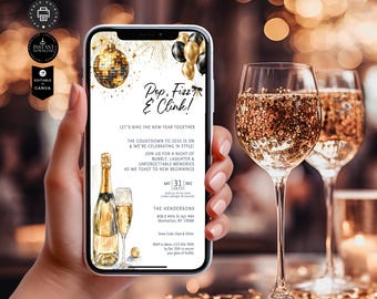 Modelo de convite por telefone para festa de véspera de ano novo, convite Pop Fizz Clink, contagem regressiva de fim de ano, champanhe, e-mail, editar em Canva1080x1920px, NY6a