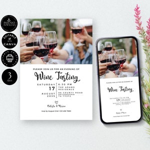 Modern Wine Tasting Invitation Template, Blind Wine Tasting Party Invite, Printable, Digital Phone, Canva 3 sizes, Instant Download, P05b image 5