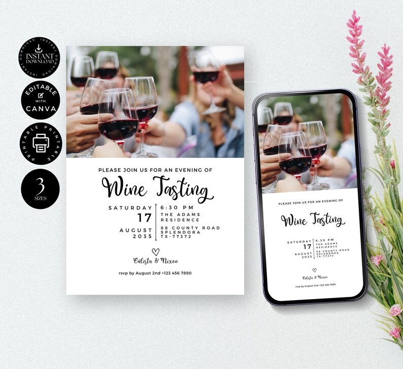 Modern Wine Tasting Invitation Template, Blind Wine Tasting Party Invite, Printable, Digital Phone, Canva 3 sizes, Instant Download, P05b image 5