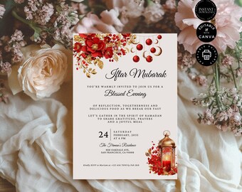 Puede incluir: Una invitación a una celebración de Iftar Mubarak con un diseño floral rojo y dorado. La invitación incluye la fecha, la hora y la ubicación del evento. El texto dice "Iftar Mubarak, Estás cordialmente invitado a unirte a nosotros para una velada bendecida de reflexión, unión y deliciosa comida mientras rompemos nuestro ayuno. Reunámonos en el espíritu del Ramadán para compartir gratitud, oraciones y una comida alegre. Sábado, febrero de 2035 a las 6:00 PM. La Residencia Firman, 888 Oakdale Ave, San Francisco, CA 94888. Por favor, confirma tu asistencia a Mariam al +123 456 7890 antes del 1 de febrero."