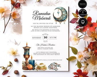 May include: An invitation to an Iftar gathering during Ramadan. The invitation features a crescent moon with stars, a candle, and a plate of dessert. The text reads "Ramadan Mubarak" and includes the date, time, and location of the event. RSVP information is also included.