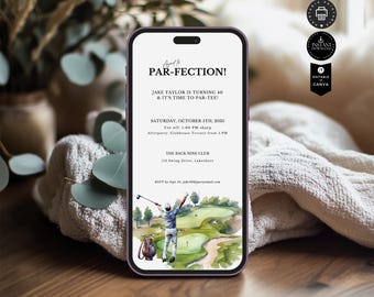 Classic Editable Golf Theme Birthday Evite for Men 40th Party, Forty Celebration, Digital, Phone, Email Text WA, Canva 1080x1920 Pix, BD124a