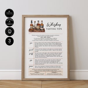 May include: A printable poster with brown woodgrain background and a watercolor illustration of four whiskey bottles. The poster includes the text "Whiskey Tasting Tips" and a list of steps for tasting whiskey: See, Swirl, Sniff, Sip, and Savor.