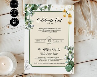 Modelo de convite para reunião familiar Eid Mubarak, convite para jantar de Ramadã, Eid al-Fitr muçulmano, edite no Canva 5x7" Download instantâneo, RM04