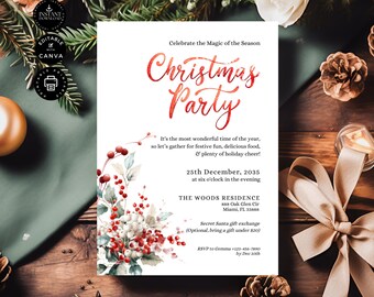 May include: A white Christmas party invitation with red and green watercolor floral illustrations. The text reads "Celebrate the Magic of the Season Christmas Party" and includes details about the event, including the date, time, location, and RSVP information.