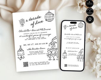 Hand Drawn Wedding Vow Renewal Party Invitation Template, 50th Anniversary, Classic, Elegant, Print, Invite, Evite, Edit Canva 2 size, VR50b