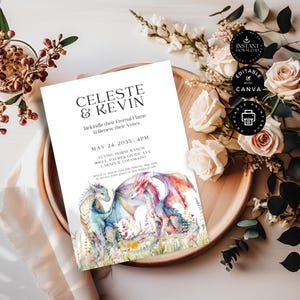 Plantilla de invitación para renovar votos matrimoniales, décimo aniversario, tarjeta de invitación de fantasía de dragón, descarga instantánea, imprimible, edición en Canva 5x7", VR43