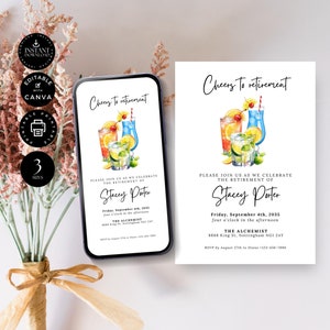 Modèle d'invitation à une fête de départ à la retraite cocktail, Vive la retraite, Impression modifiable, téléphone, Email texte, toile 3, taille 3, téléchargement immédiat, E27b