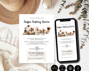 Coffee Tasting Soiree Home Party Invitation, Coffee Digital Electronic Template, Card Text Evite Phone, Inst Download, Edit with Canva, P23b
