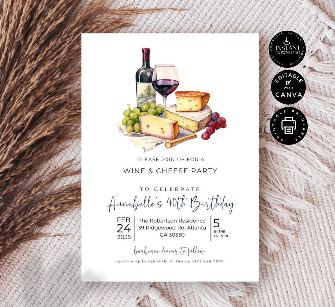 Modern Editable Wine &amp; Cheese Birthday Party Invitation, 40th Printable ...