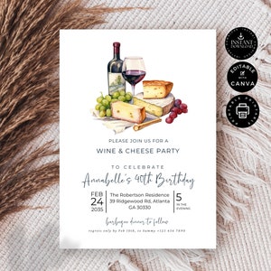 Faire-part d'anniversaire moderne vin & fromage modifiable, 40e carte imprimable, femme anniversaire invitation, téléchargement immédiat, toile 5 x 7", BD21