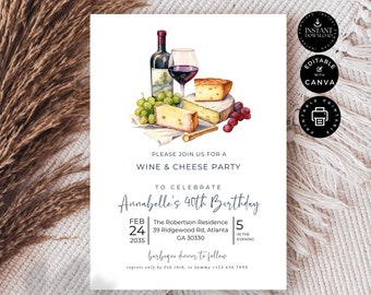 Modern Editable Wine & Cheese Birthday Party Invitation, 40th Printable Card, Female Birthday Invite, Instant Download, Canva 5x7" , BD21