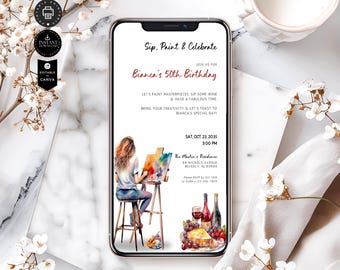 Paint and Sip 50th Birthday Party template, Electronic Evite, Email Text Invite, Instant Digital Download, Edit in Canva 1080x1920px, BD79Da