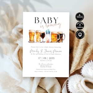 Plantilla de tarjeta de invitación a fiesta de baby shower, El bebé se está preparando, Cervezas, Invitación mixta mixta, Baby Shower para parejas, Imprimible, Editar Canva 5x7", BS08