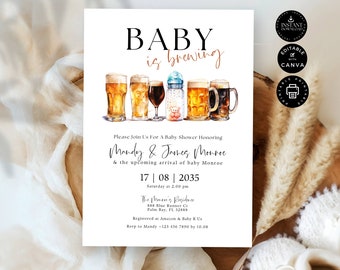 Baby Shower Party Invitation Card Template, Baby is brewing, Beers, Coed Co-ed Invite, Couples Baby Shower, Printable, Edit Canva 5x7", BS08
