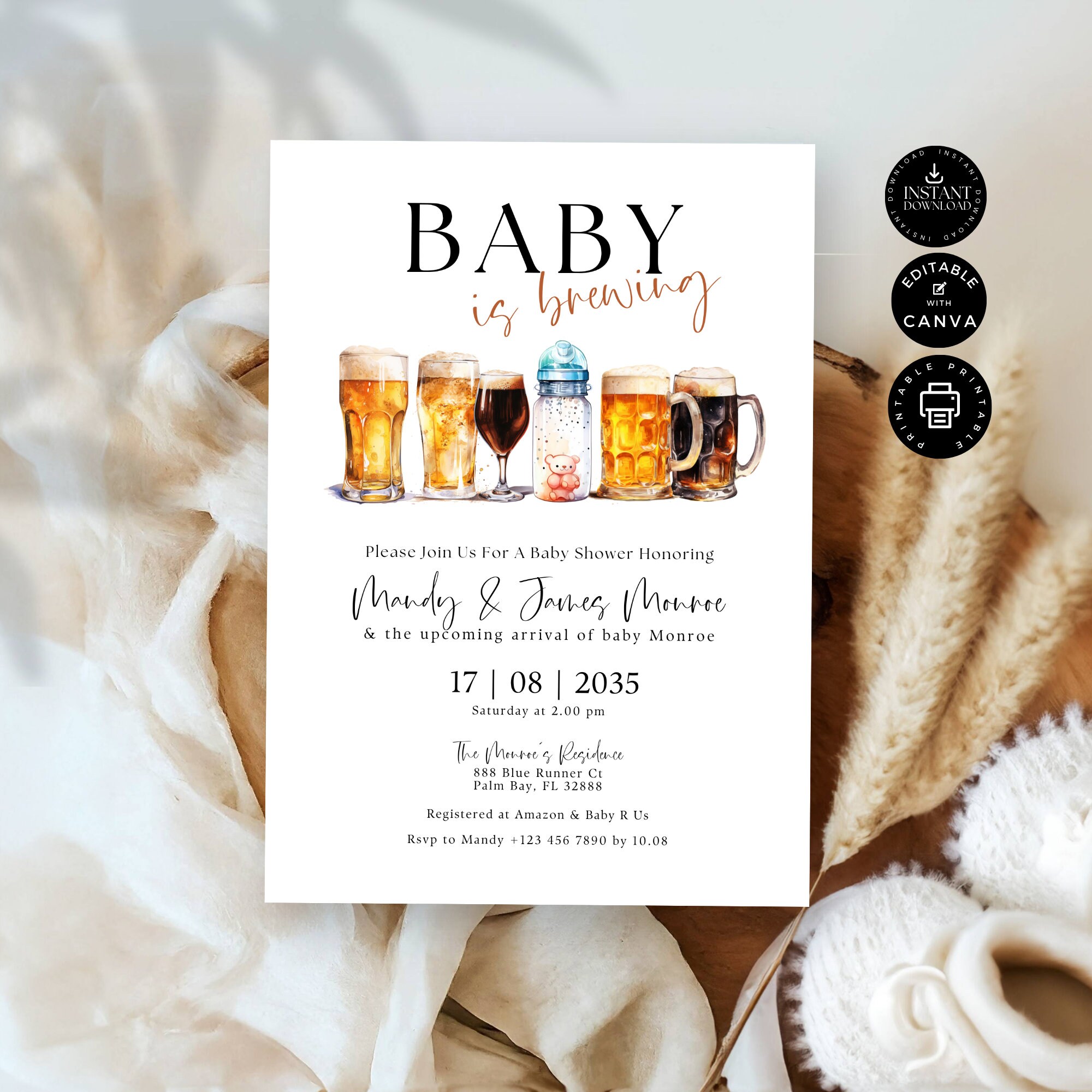 Baby Shower Party Invitation Card Template, Baby is Brewing, Beers ...