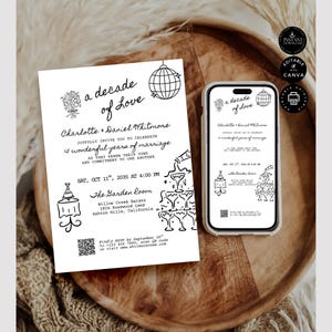 May include: A black and white printable invitation for a 15th wedding anniversary party. The invitation features a disco ball, champagne glasses, and a cake. The text on the invitation reads "a decade of love" and "Charlotte & Daniel Whitmore".