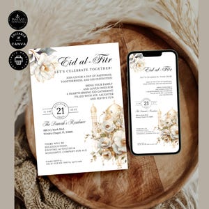 Sjabloon uitnodiging feestfeest Eid, Eid al-Fitr moslimdiner invite & Evite, elektronisch, canva bewerken 2 maten, direct downloaden, RM09b