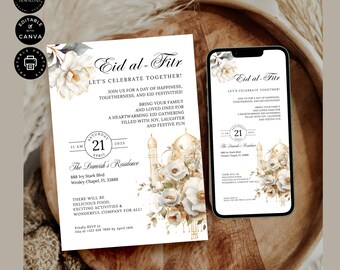 May include: A white and gold invitation card with floral accents for an Eid al-Fitr celebration. The card features a mosque silhouette and the text "Eid al-Fitr Let's Celebrate Together!"  The invitation includes the date, time, and location of the event.