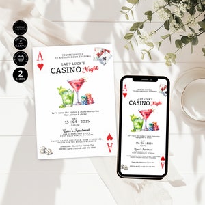 Invito per festa a tema casinò, serata tra ragazze, invito per cocktail party, stampabile, invito telefonico, modifica dimensione Canva 2, download istantaneo, E60
