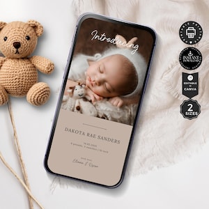 Birth Announcement Template, Newborn Baby Girl Card Photo, Electronic Card, Text Evite Phone, Instant Download, Editable Canva 2 Size, B02a