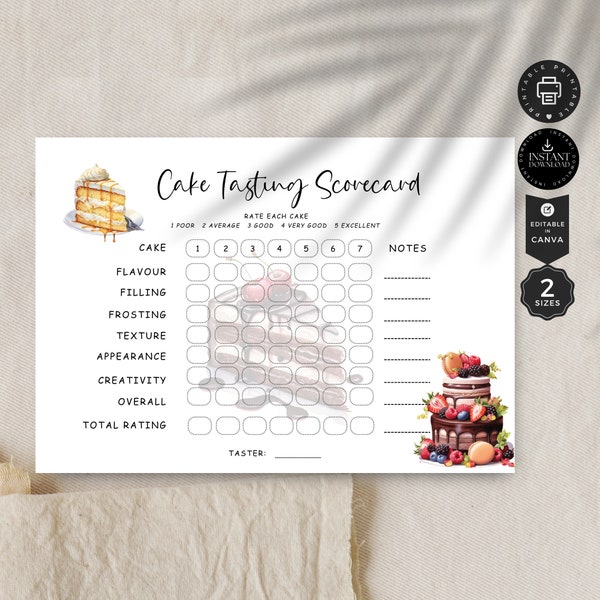 Cake Tasting Scorecard Template, Cake Tasting Night, Home Party Kit, Bachelorette, Printable, Editable, Canva 2 size, Instant Download, P22f